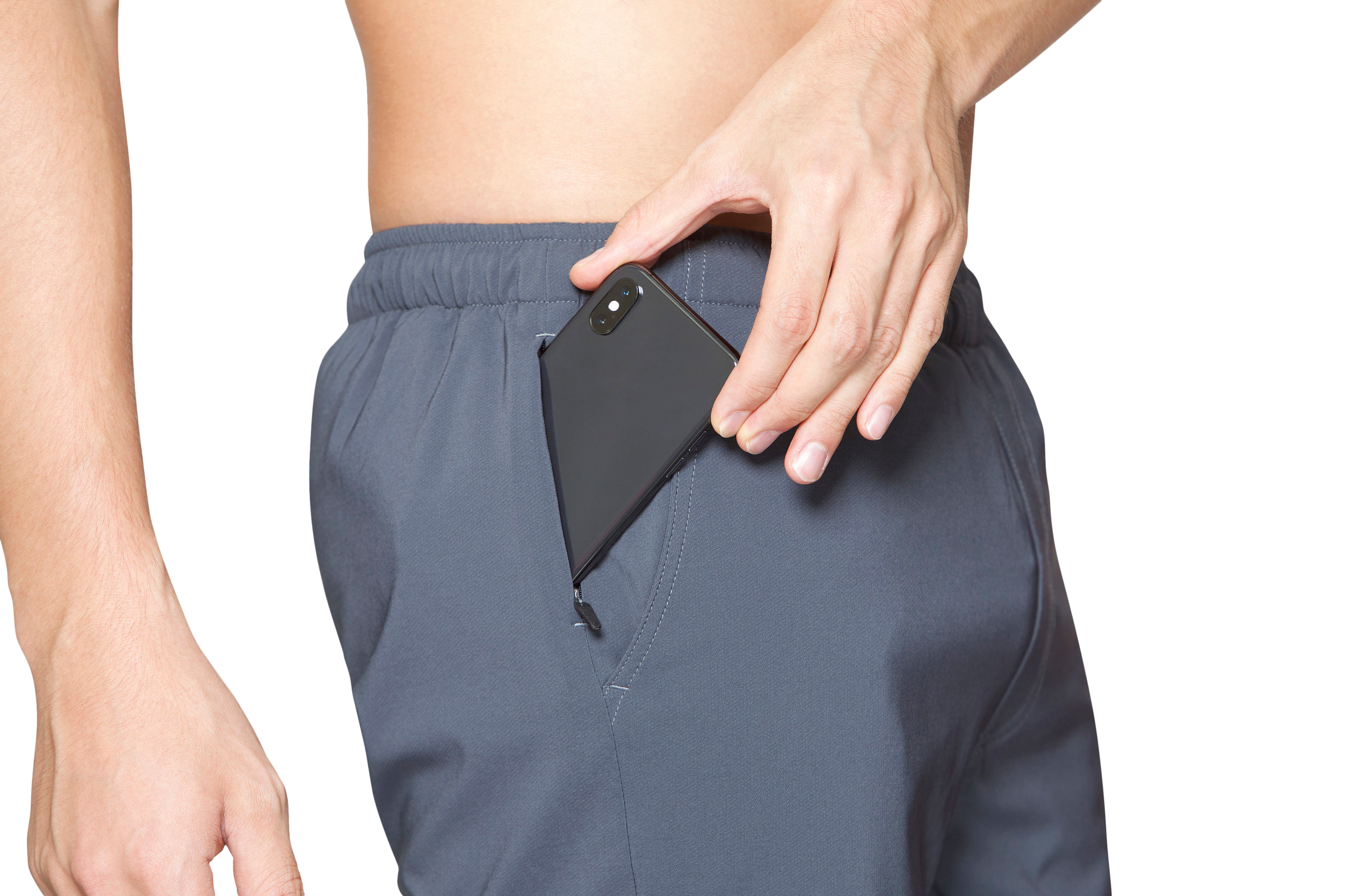 Training shorts with phone top pocket